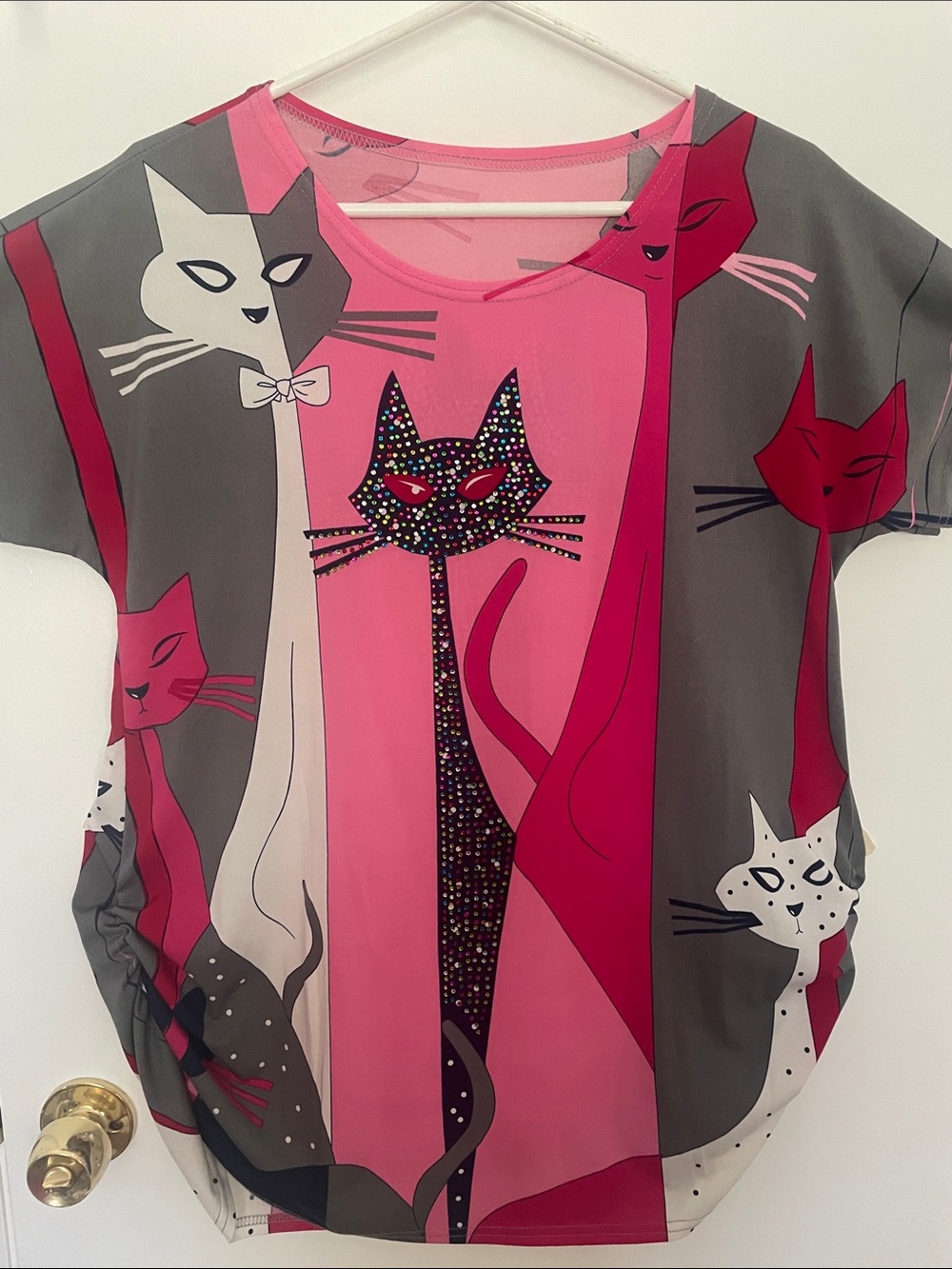 Women's Pink Cat Print Short Sleeve Blouse